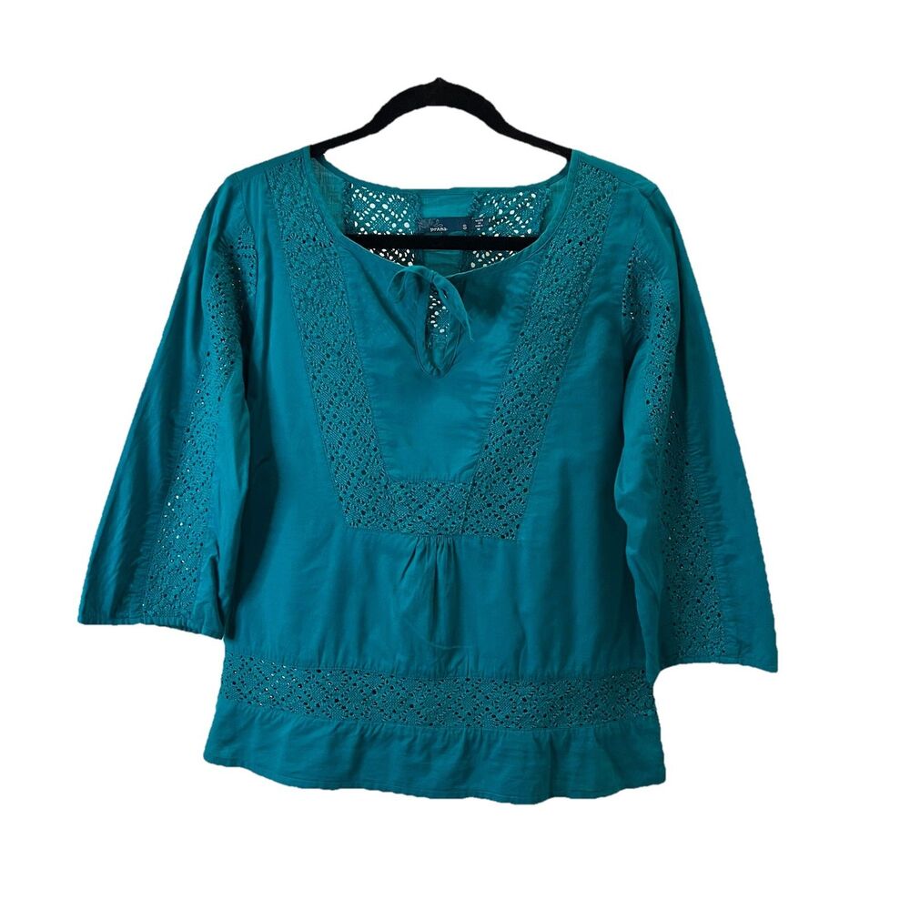 Prana Sofie Teal Blue Eyelet Peasant Top Tie Neck Womens Size S 3/4 Sleeve Boho